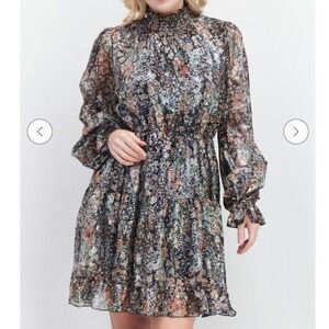 O.P.T. Women's Black Floral Metallic High Neck Long Sleeve Tiered Mini Dress L‎